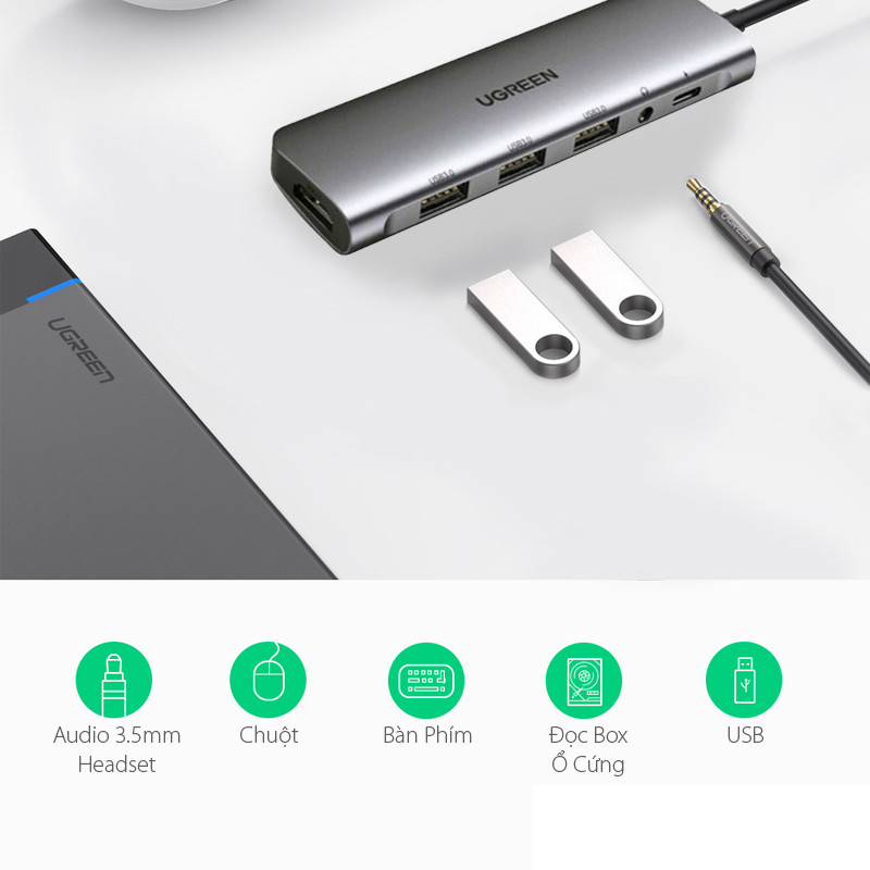 Hub chuyển đổi Ugreen USB C 6 trong 1 hỗ trợ 4K CM136